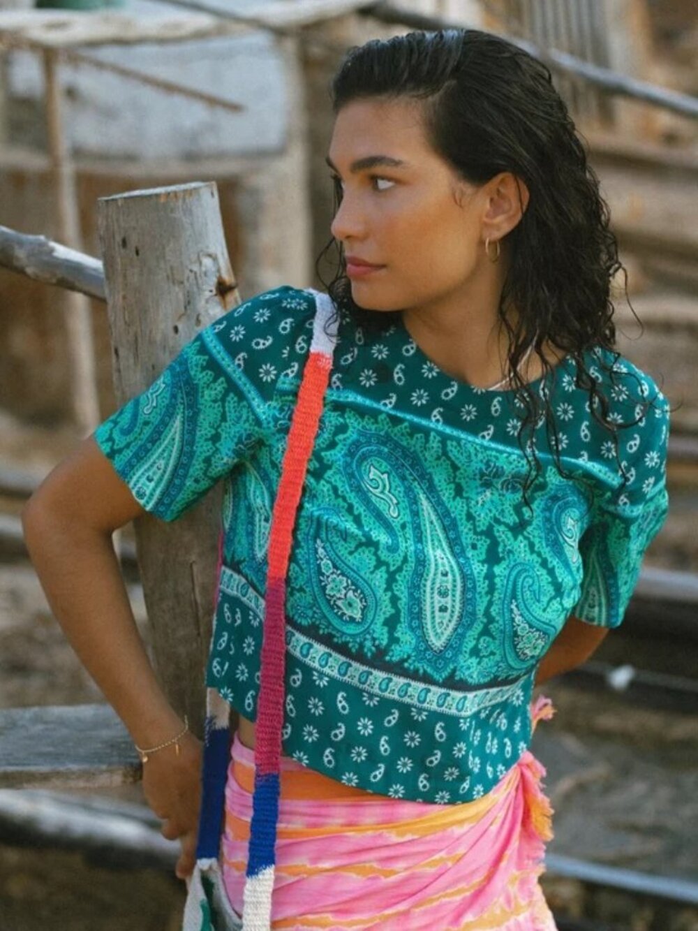 Boteh Elba 100% Silk Tailored Tee Boho Paisley Printed Cropped size US 4 (1)